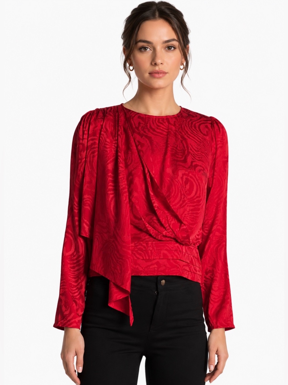 Ronny Kobo Silk Blend Monet Red Draped Front Jacquard Blouse Top Size M Cocktail